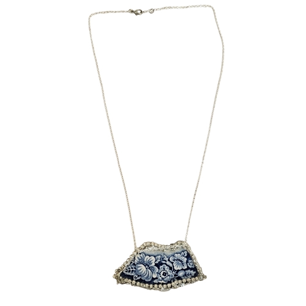 Vintage Liberty Blue Old North Church Broken China Floral Necklace